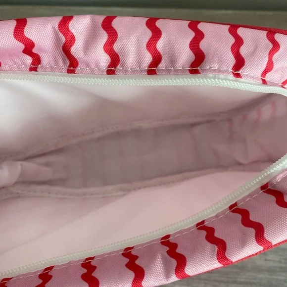 Pink Red Squiggly-Striped Boutique Fabric Zip Cosmetic Bag Tote Makeup Organizer - Picture 5 of 6